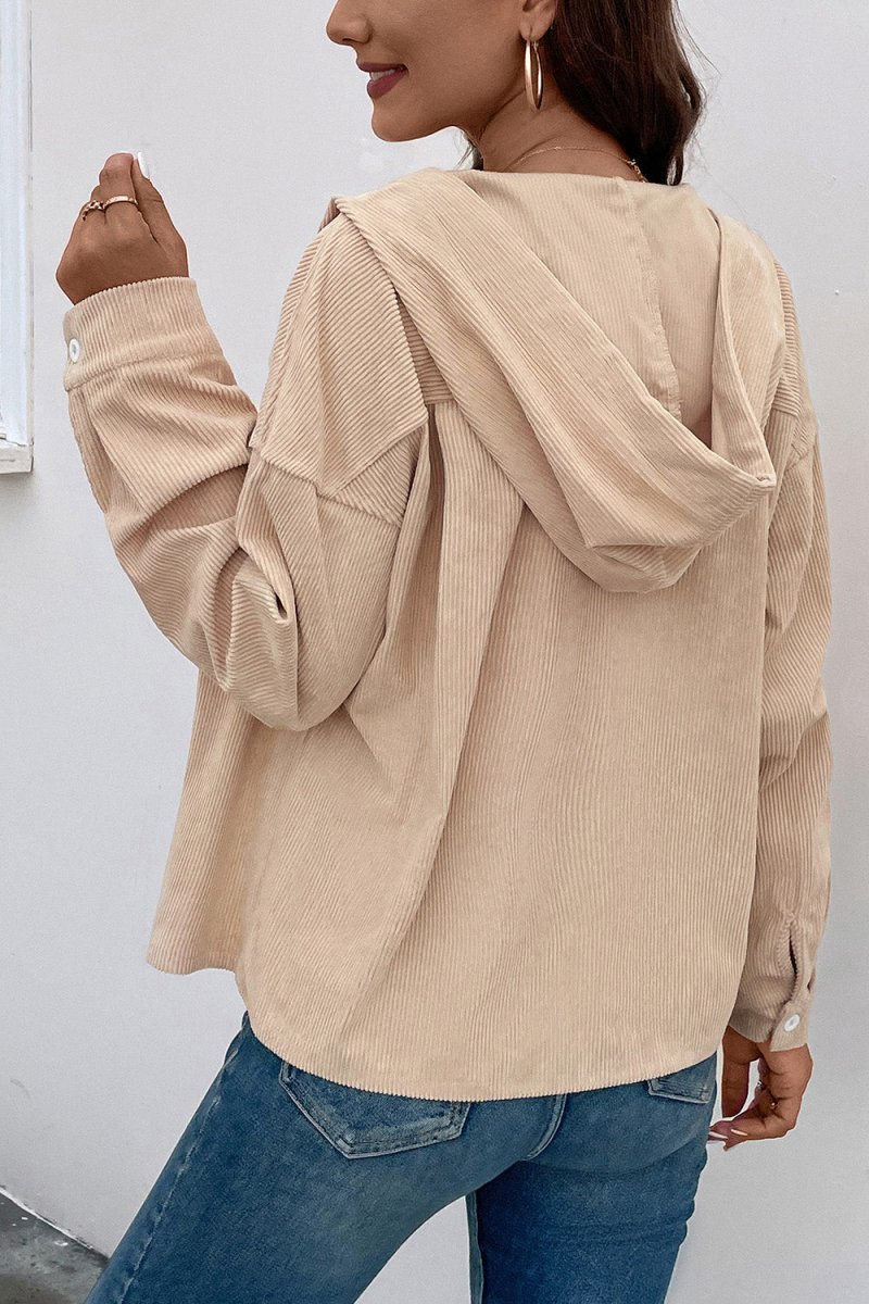 Perfee Ribbed Button Up Drawstring Hooded Jacket - Outerwear