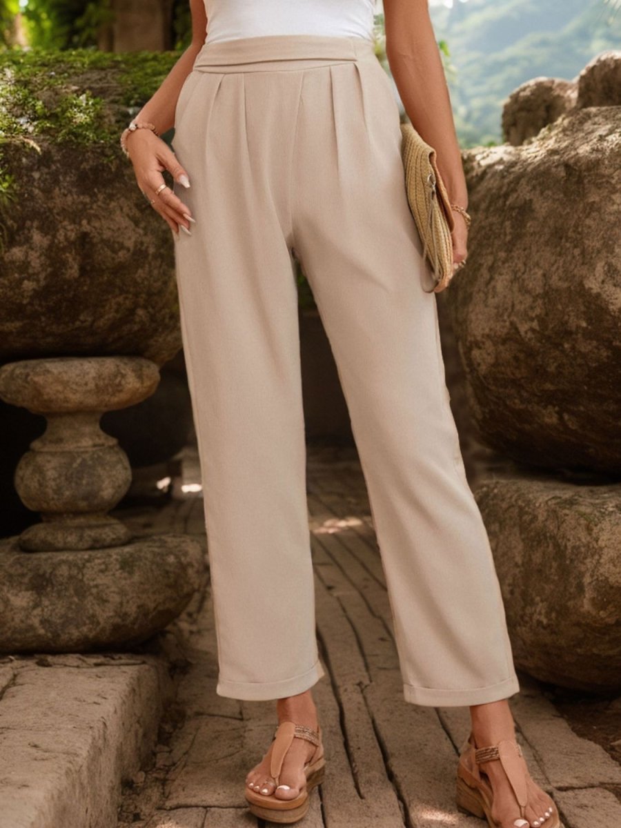 Perfee Ruched Half Elastic Waist Pants - Bottoms