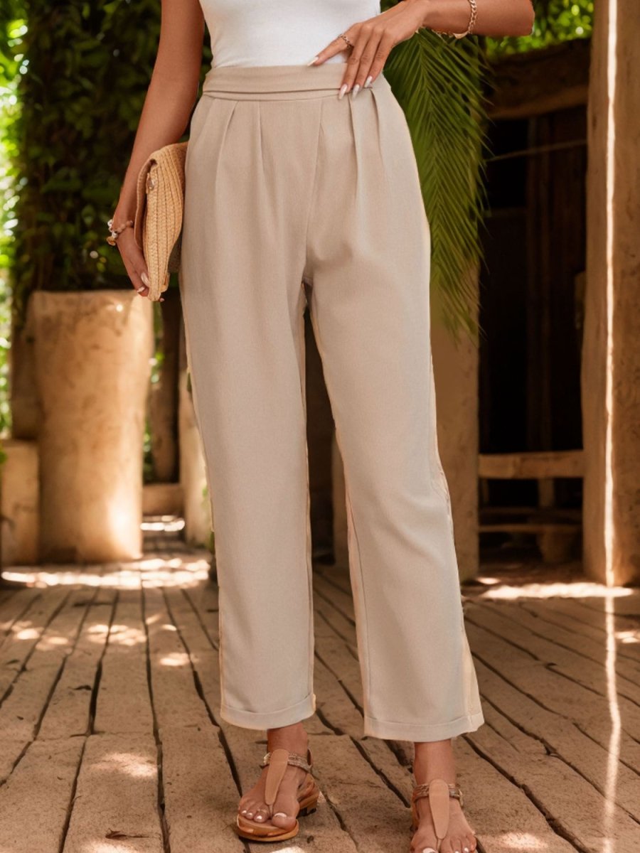 Perfee Ruched Half Elastic Waist Pants - Bottoms