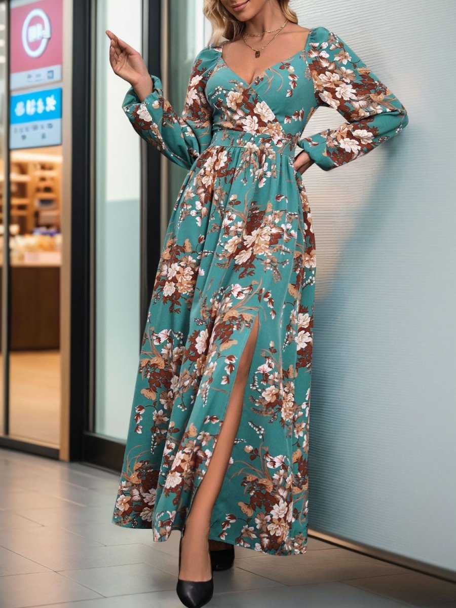 Perfee Slit Printed Surplice Long Sleeve Maxi Dress - Nightout dress