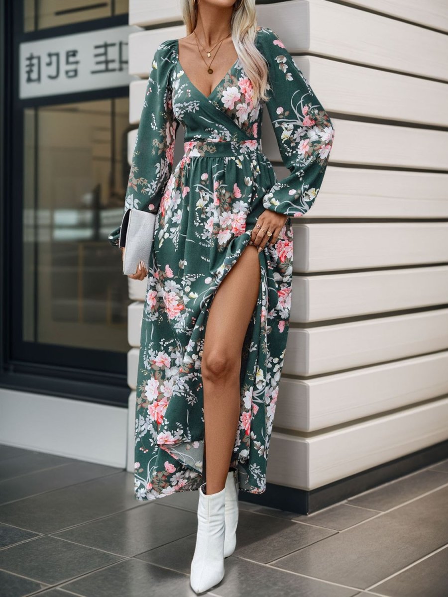 Perfee Slit Printed Surplice Long Sleeve Maxi Dress - Nightout dress