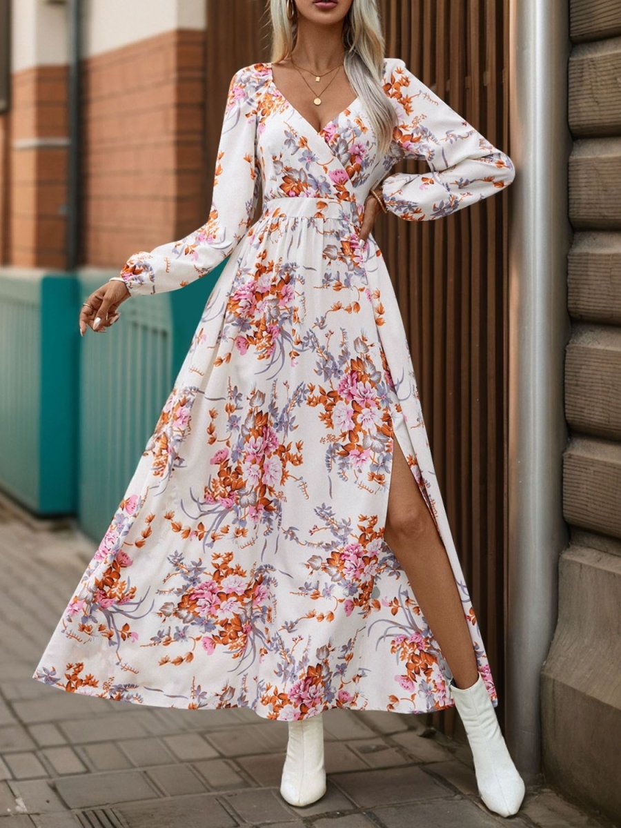 Perfee Slit Printed Surplice Long Sleeve Maxi Dress - Nightout dress