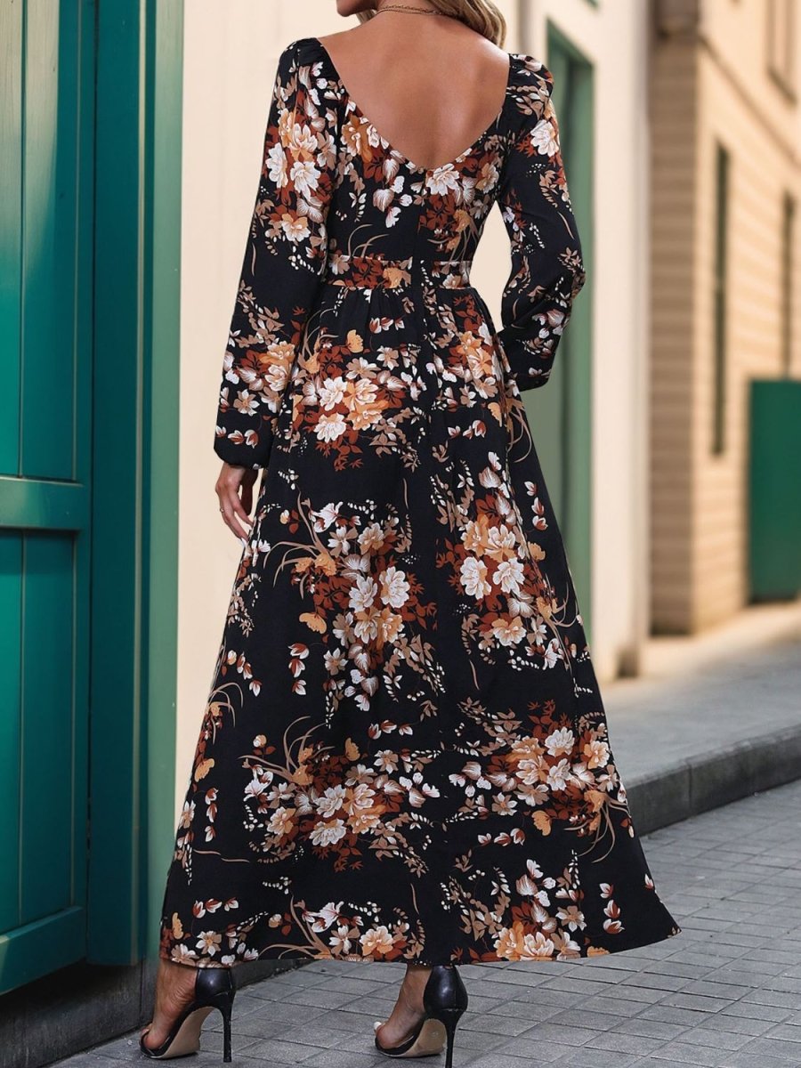 Perfee Slit Printed Surplice Long Sleeve Maxi Dress - Nightout dress