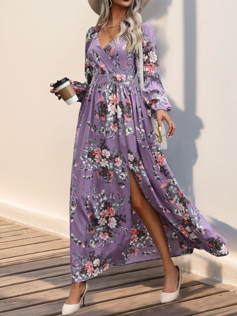 Perfee Slit Printed Surplice Long Sleeve Maxi Dress - Nightout dress