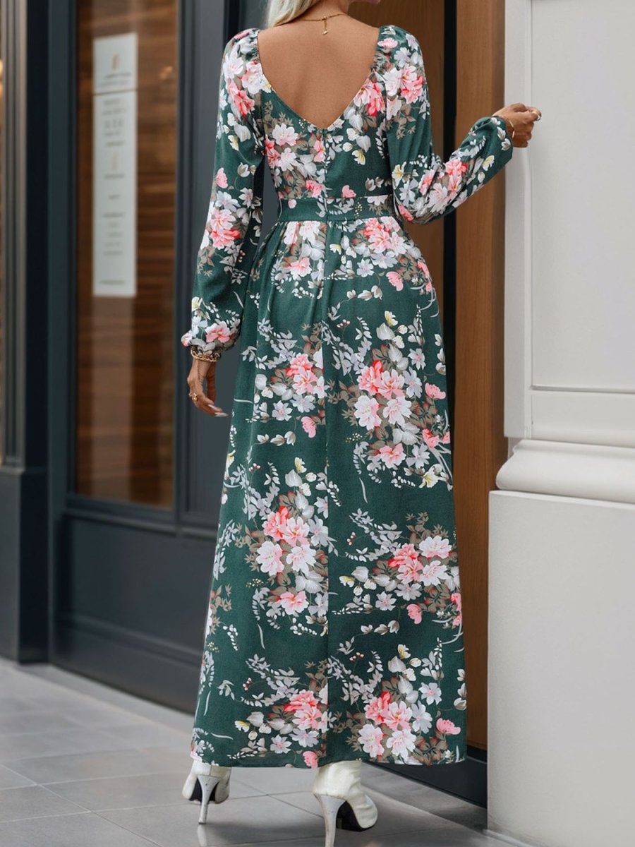Perfee Slit Printed Surplice Long Sleeve Maxi Dress - Nightout dress