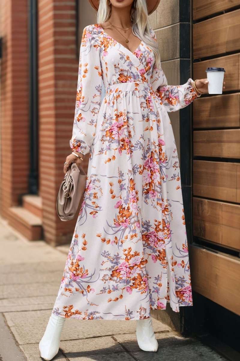 Perfee Slit Printed Surplice Long Sleeve Maxi Dress - Nightout dress