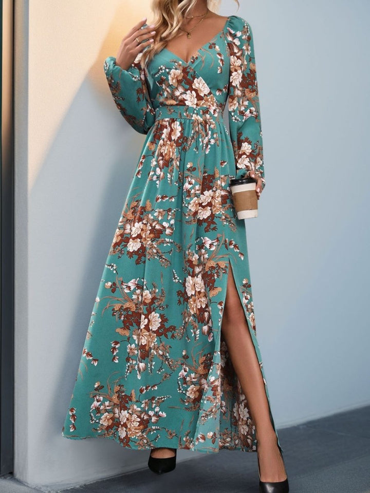 Perfee Slit Printed Surplice Long Sleeve Maxi Dress - Nightout dress