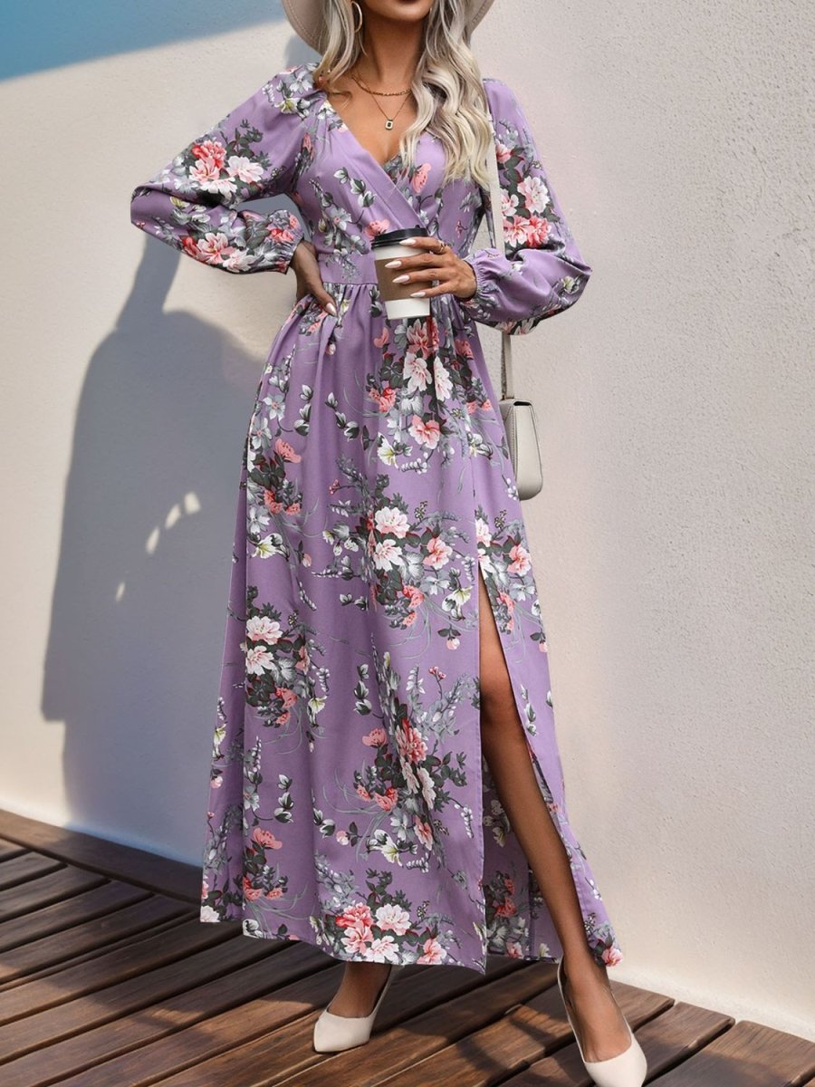 Perfee Slit Printed Surplice Long Sleeve Maxi Dress - Nightout dress