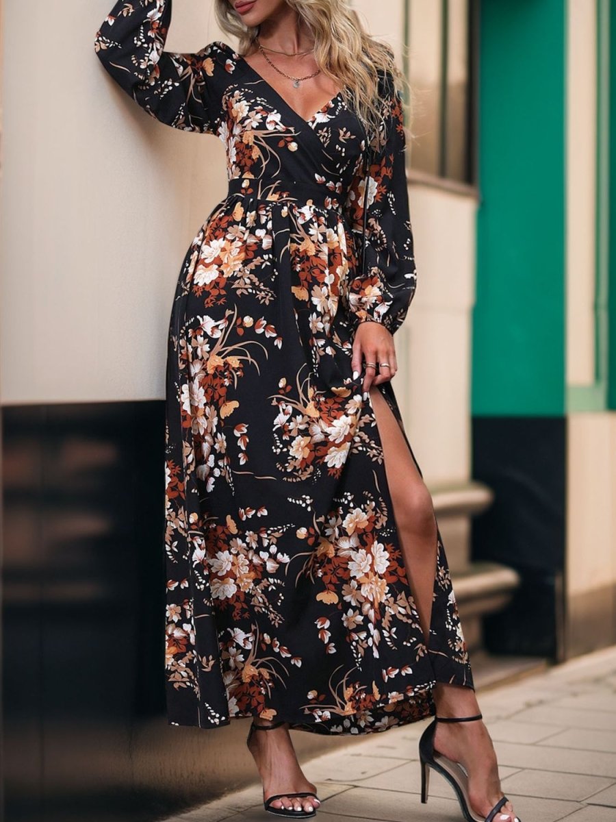 Perfee Slit Printed Surplice Long Sleeve Maxi Dress - Nightout dress