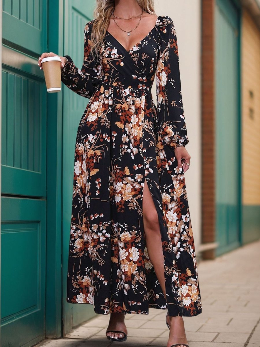 Perfee Slit Printed Surplice Long Sleeve Maxi Dress - Nightout dress
