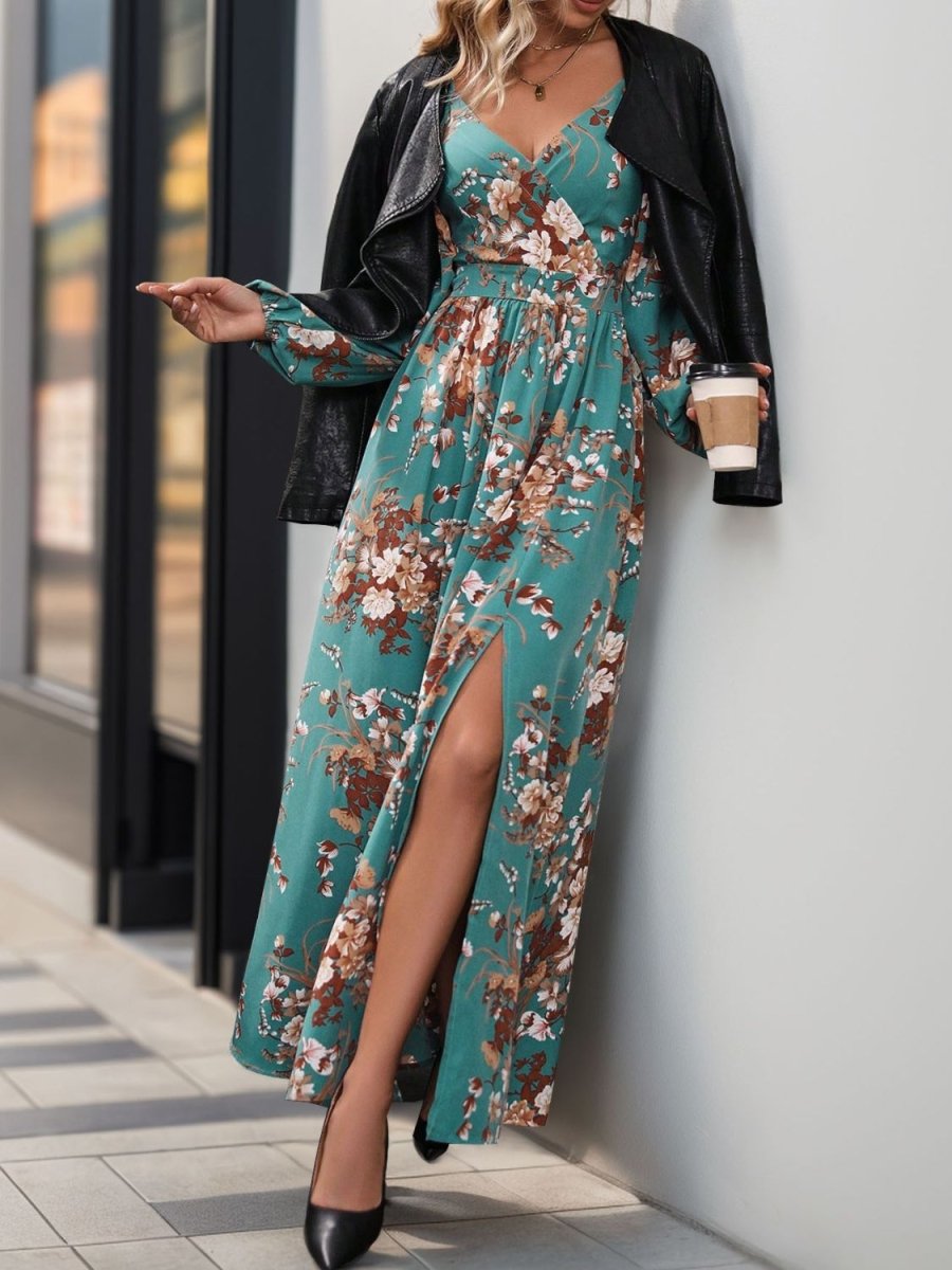 Perfee Slit Printed Surplice Long Sleeve Maxi Dress - Nightout dress