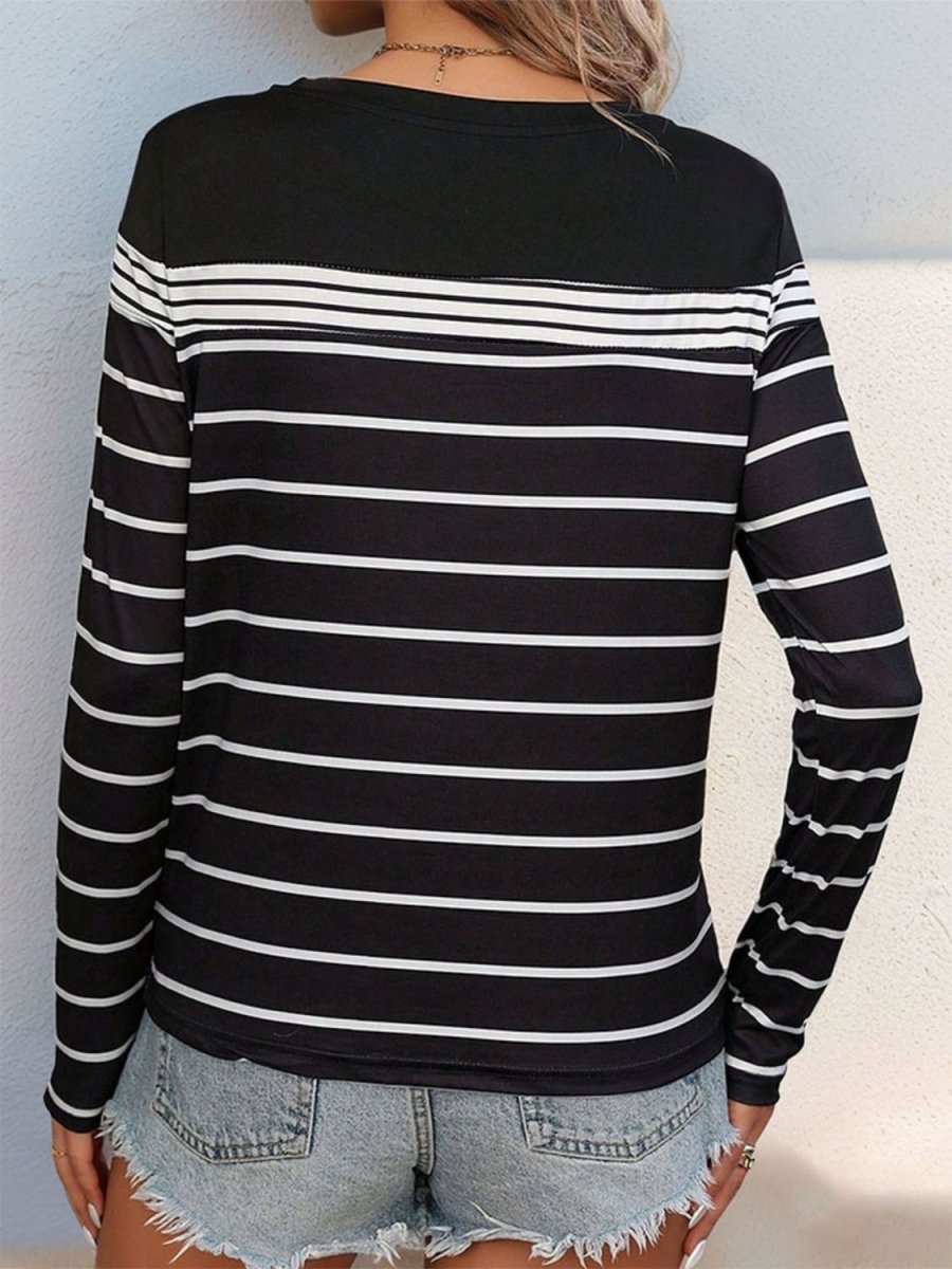 Perfee Striped Round Neck Long Sleeve T-Shirt - Top