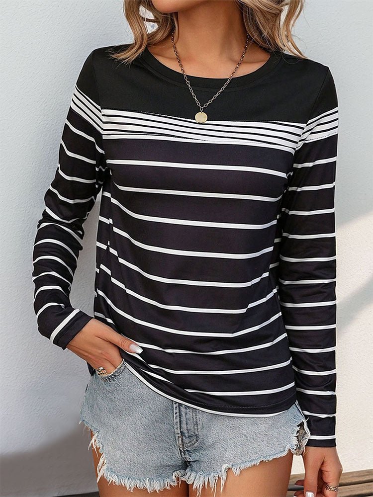 Perfee Striped Round Neck Long Sleeve T-Shirt - Top