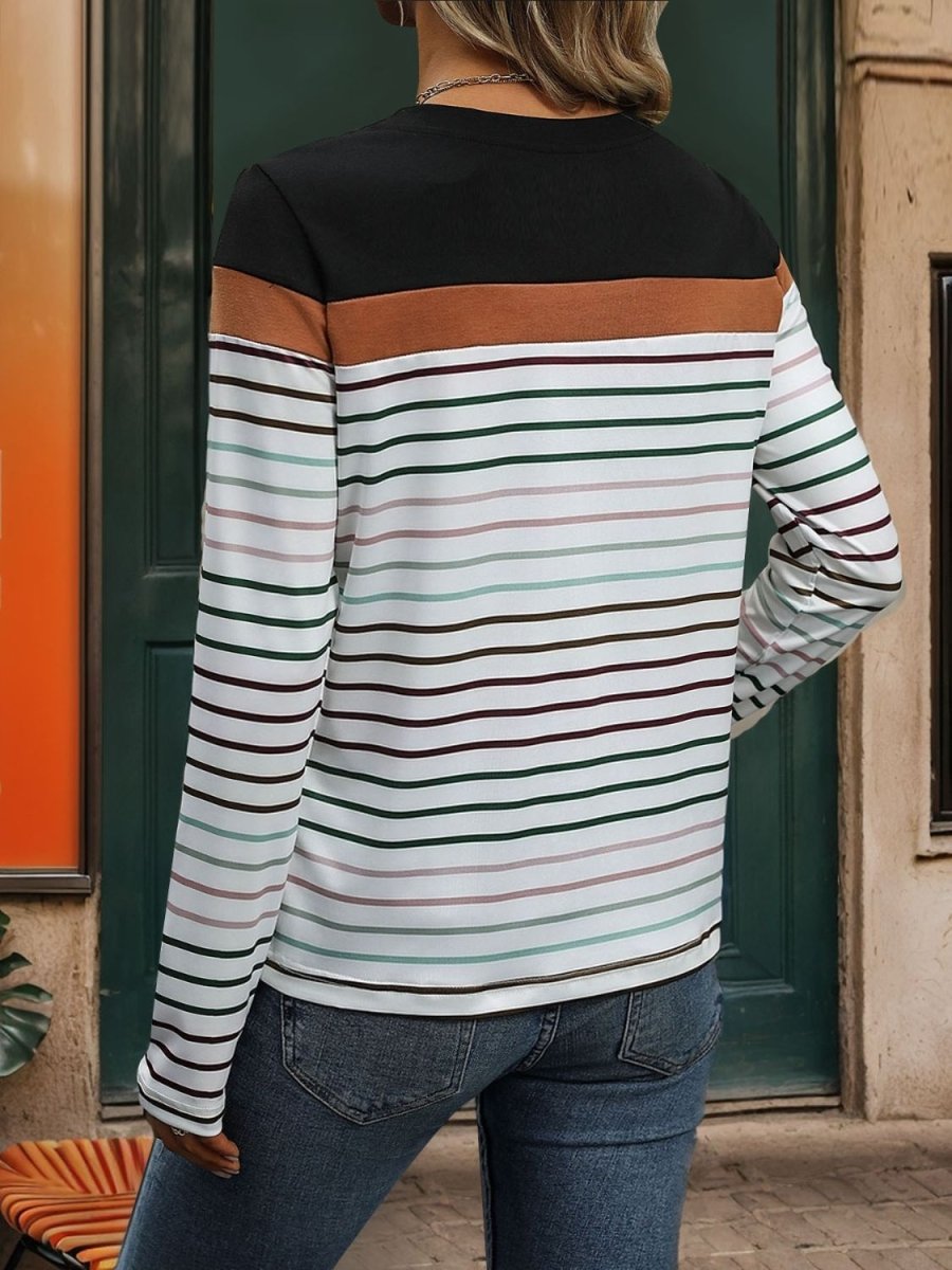 Perfee Striped Round Neck Long Sleeve T-Shirt - Top