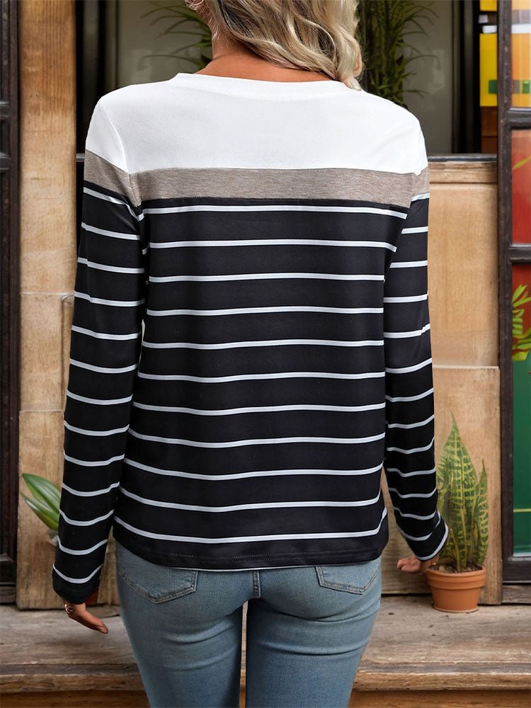 Perfee Striped Round Neck Long Sleeve T-Shirt - Top