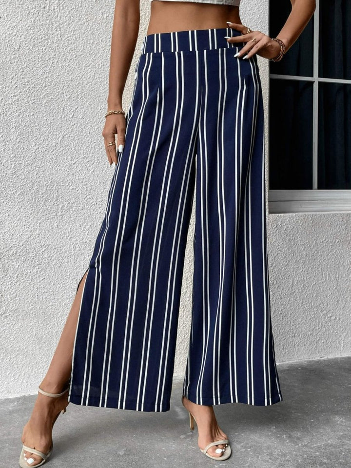 Perfee Striped Slit Wide Leg Pants - Bottoms