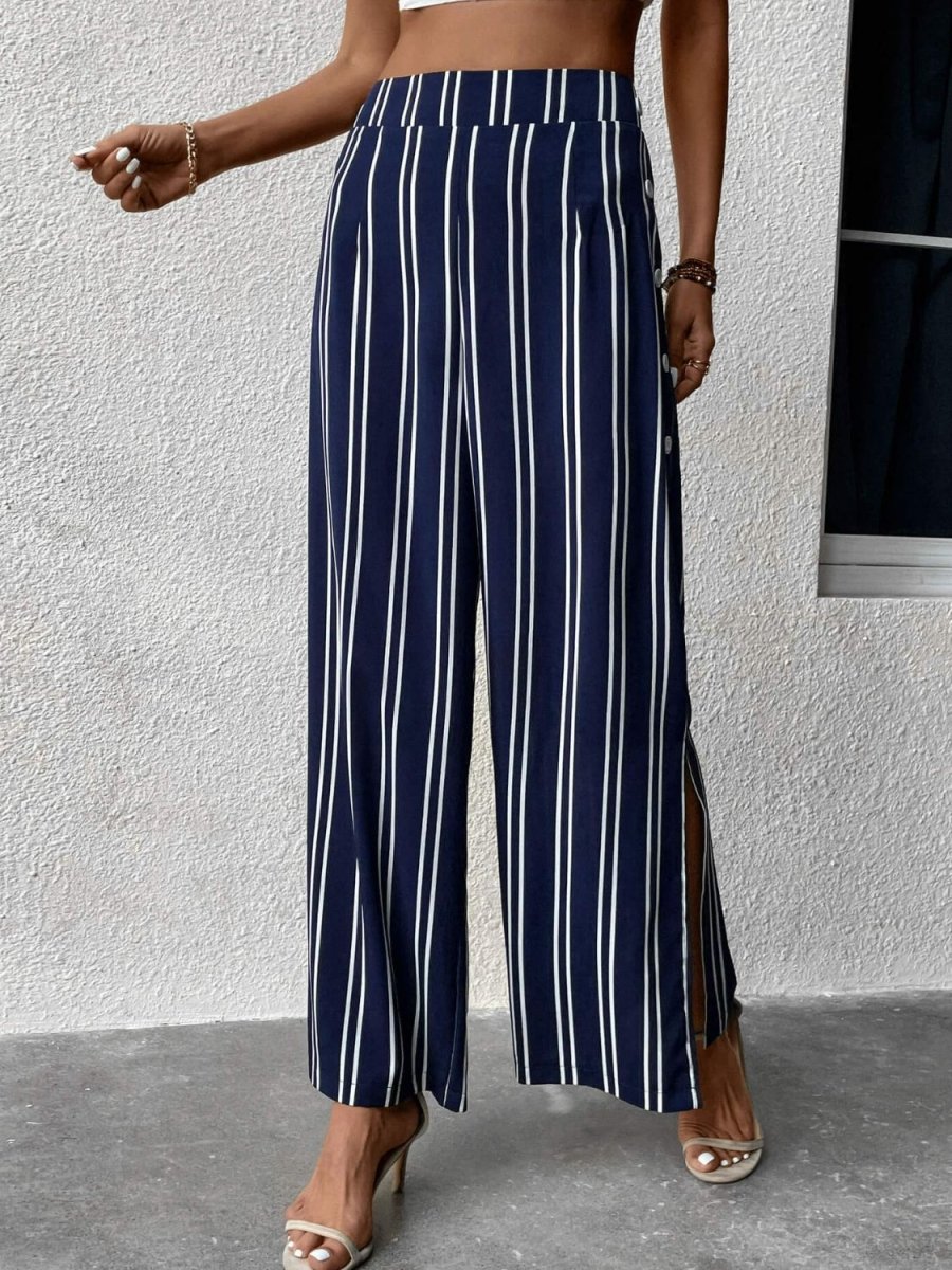 Perfee Striped Slit Wide Leg Pants - Bottoms