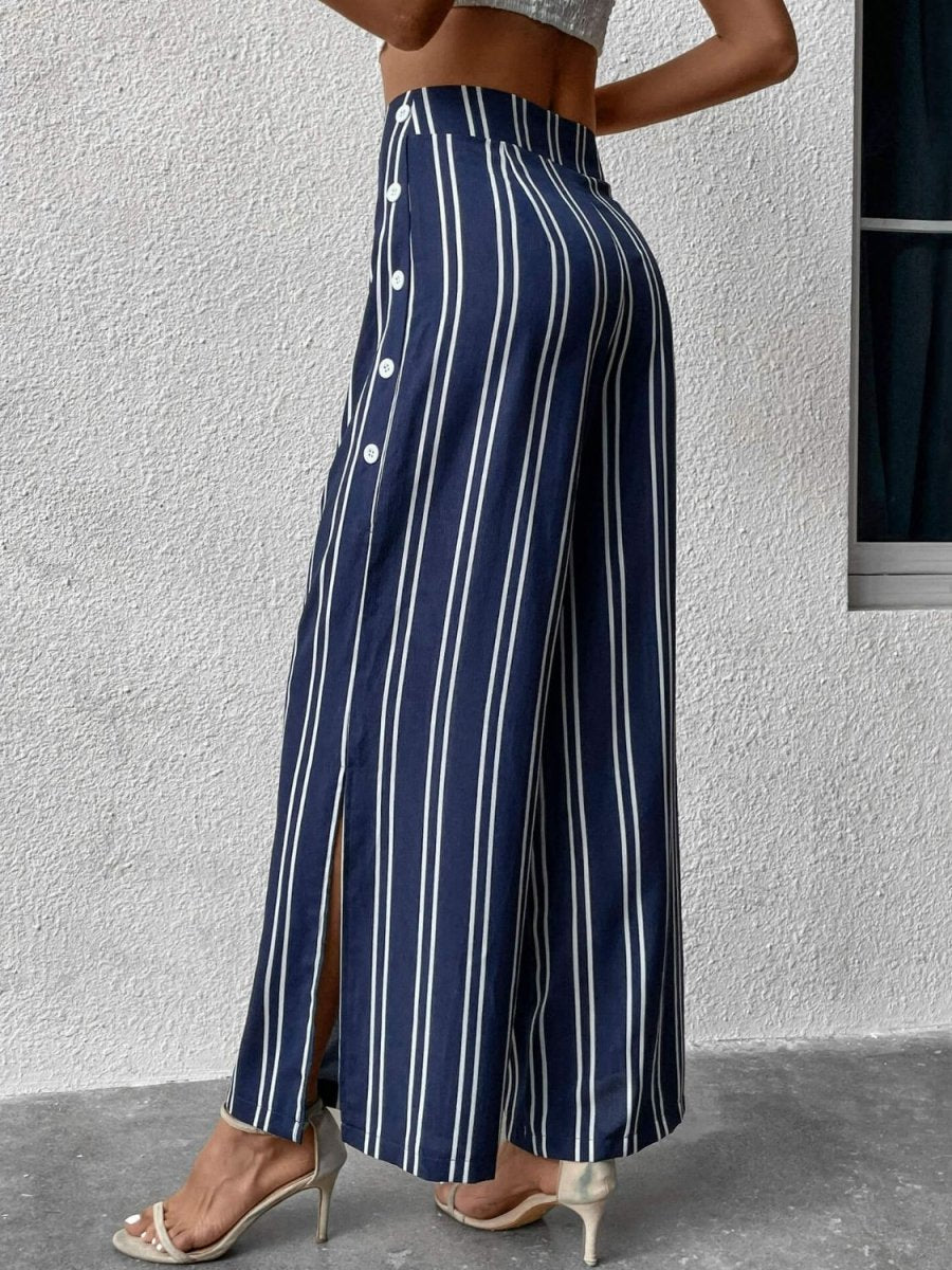 Perfee Striped Slit Wide Leg Pants - Bottoms