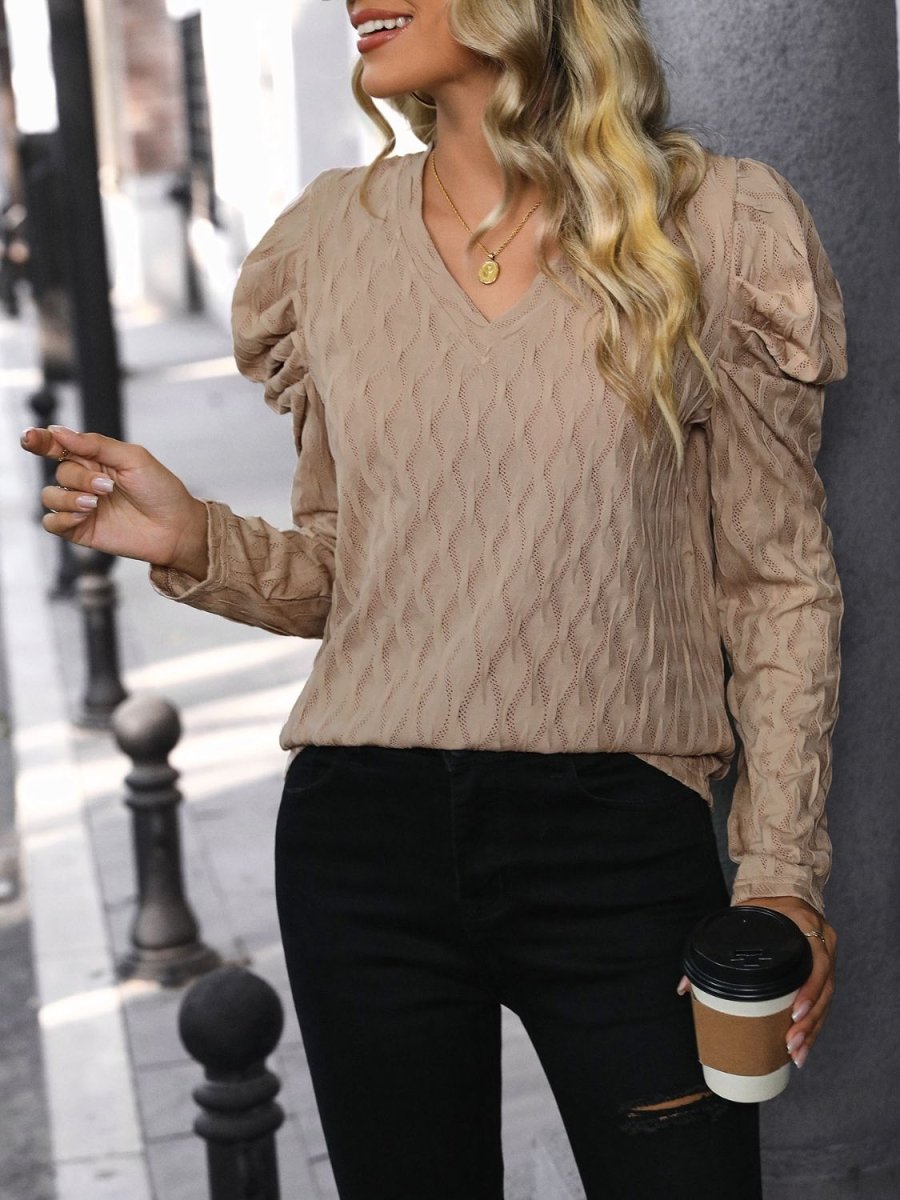Perfee Textured V - Neck Long Sleeve Top - Top