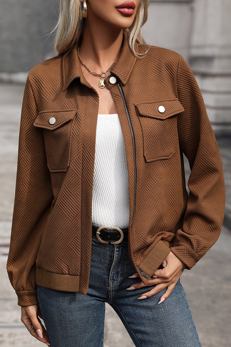 Perfee Textured Zip Up Collared Neck Jacket - Outerwear