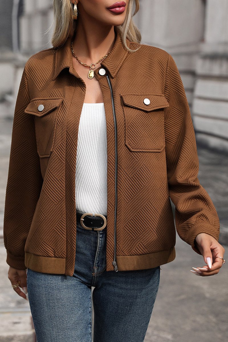 Perfee Textured Zip Up Collared Neck Jacket - Outerwear