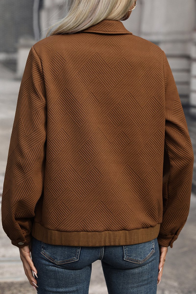 Perfee Textured Zip Up Collared Neck Jacket - Outerwear