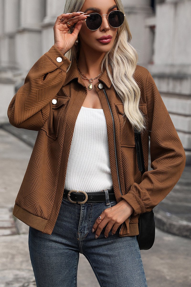 Perfee Textured Zip Up Collared Neck Jacket - Outerwear