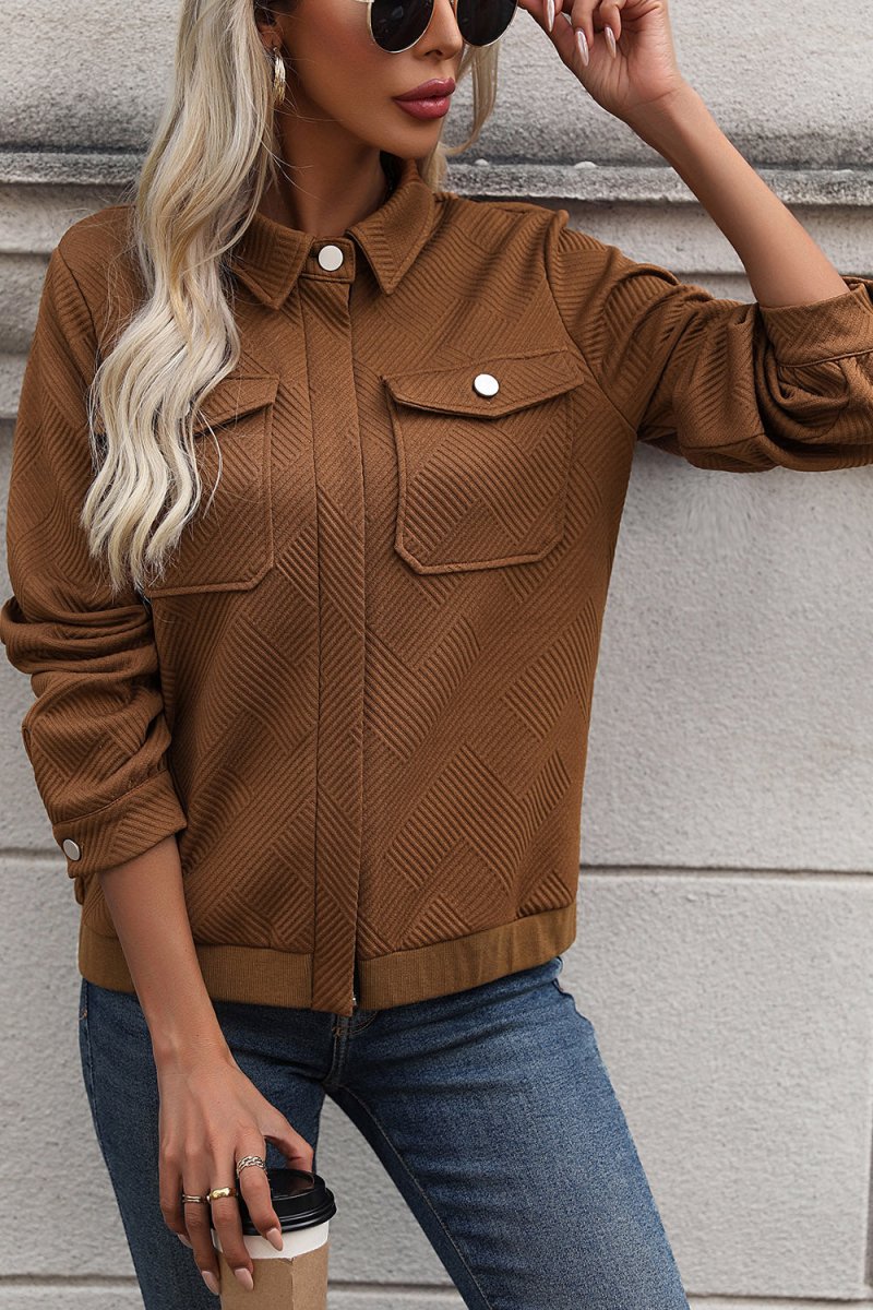 Perfee Textured Zip Up Collared Neck Jacket - Outerwear