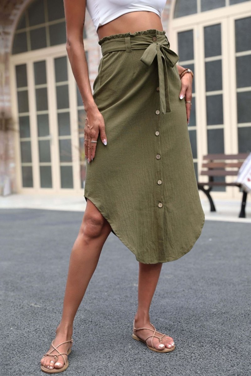 Perfee Tie Belt Frill Trim Buttoned Skirt - Bottoms