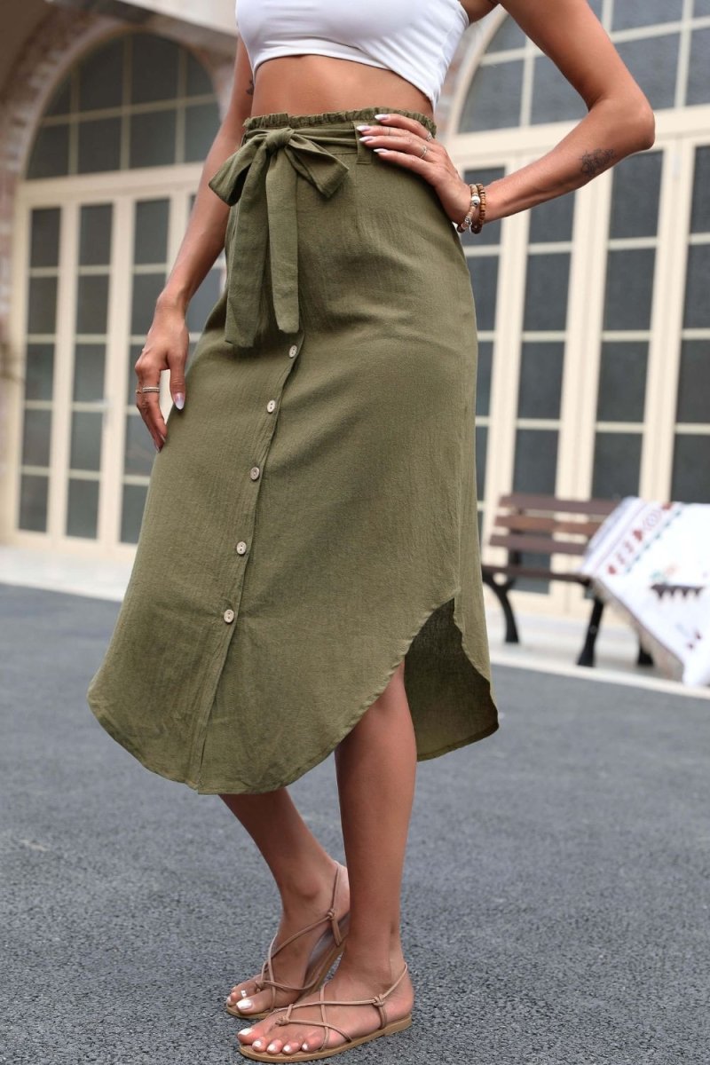 Perfee Tie Belt Frill Trim Buttoned Skirt - Bottoms
