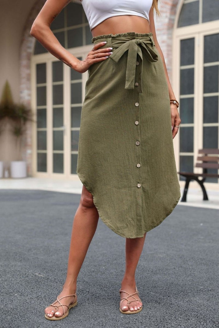 Perfee Tie Belt Frill Trim Buttoned Skirt - Bottoms