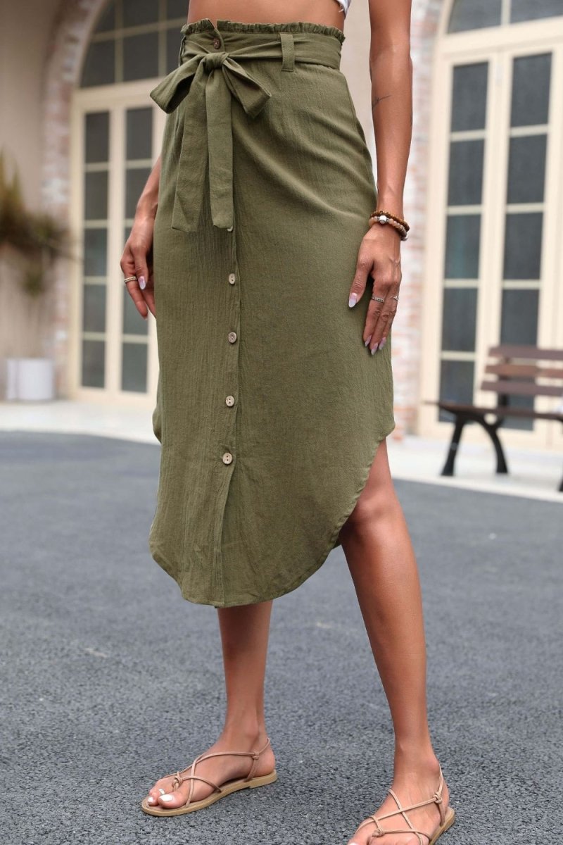 Perfee Tie Belt Frill Trim Buttoned Skirt - Bottoms