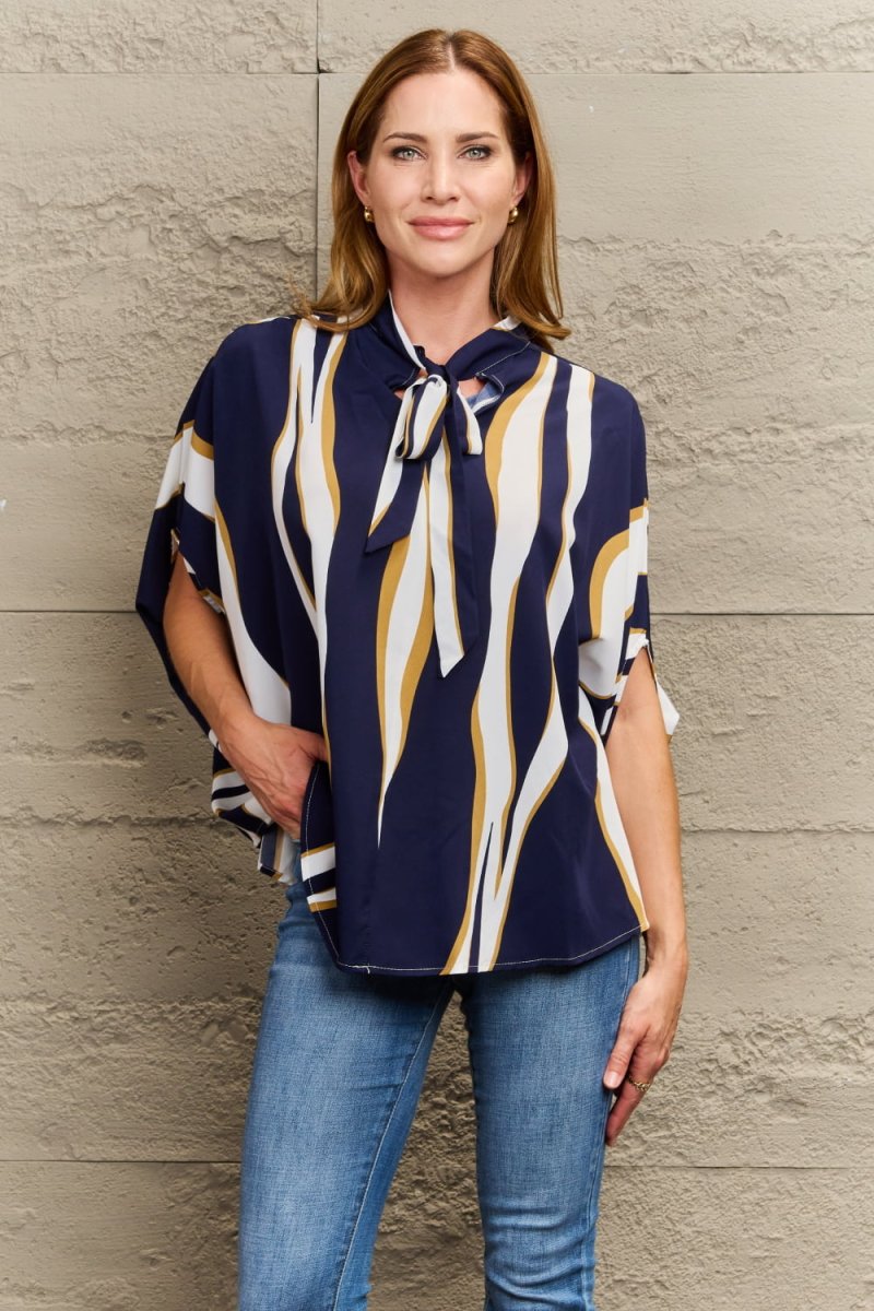 Perfee Tie Neck Printed Slit Sleeve Blouse - 