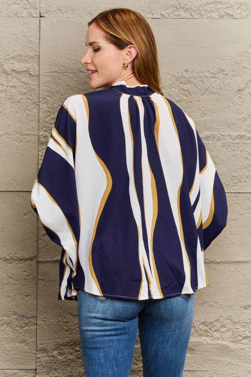 Perfee Tie Neck Printed Slit Sleeve Blouse - 