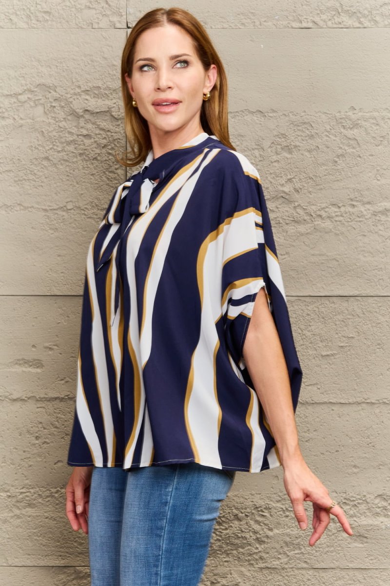 Perfee Tie Neck Printed Slit Sleeve Blouse - 