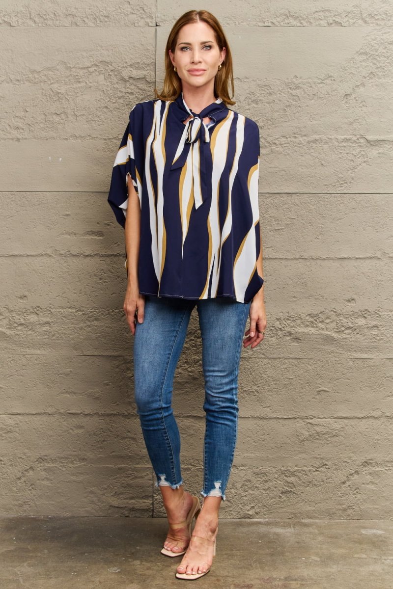 Perfee Tie Neck Printed Slit Sleeve Blouse - 
