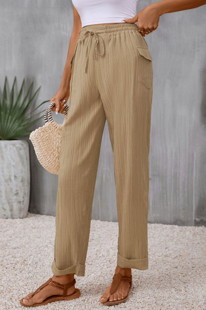 Perfee Tie Waist Pocketed Long Pants - Bottoms