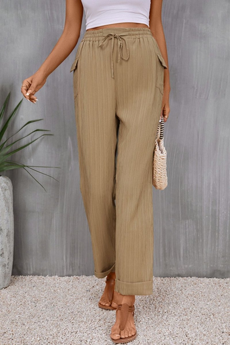 Perfee Tie Waist Pocketed Long Pants - Bottoms