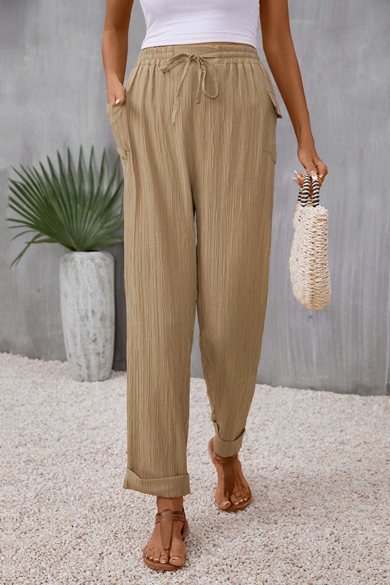 Perfee Tie Waist Pocketed Long Pants - Bottoms