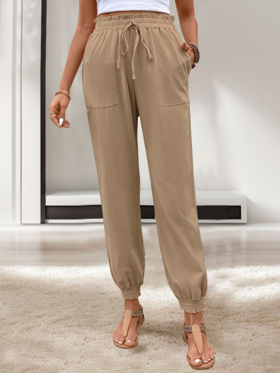 Perfee Tied Elastic Waist Pants with Pockets - Bottoms