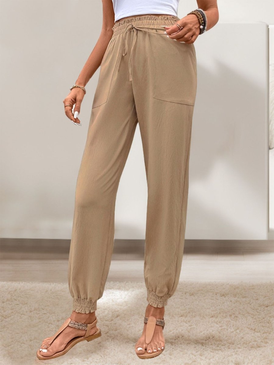 Perfee Tied Elastic Waist Pants with Pockets - Bottoms