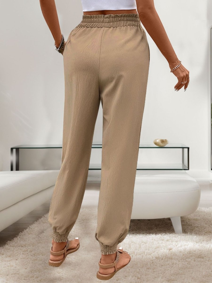 Perfee Tied Elastic Waist Pants with Pockets - Bottoms