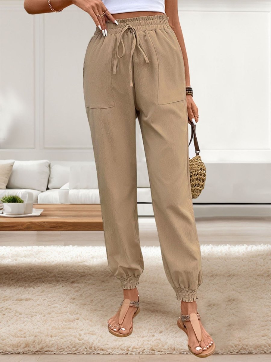 Perfee Tied Elastic Waist Pants with Pockets - Bottoms