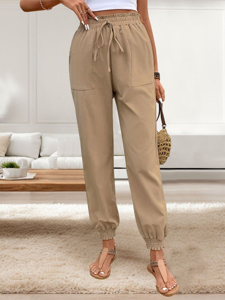 Perfee Tied Elastic Waist Pants with Pockets - Bottoms