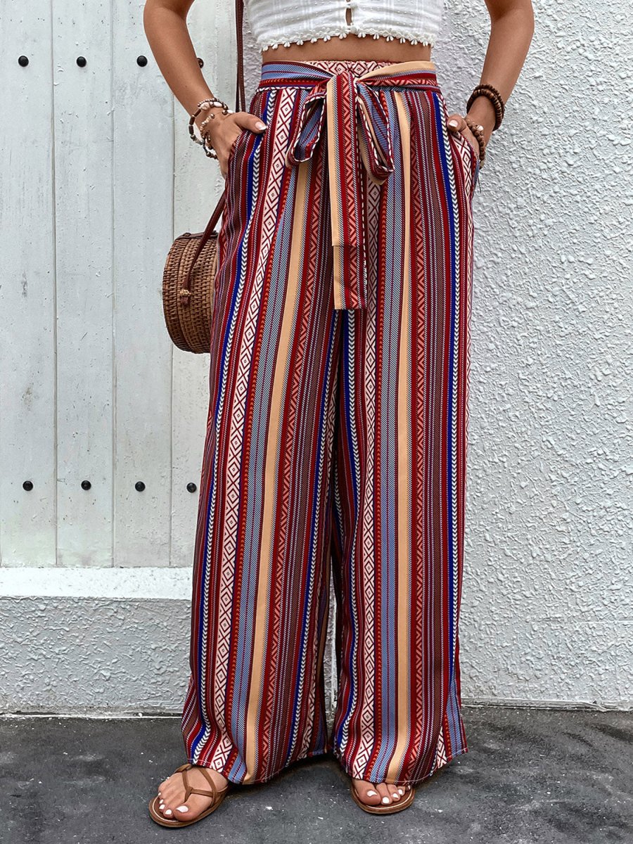 Perfee Tied Geometric Wide Leg Pants - Bottoms