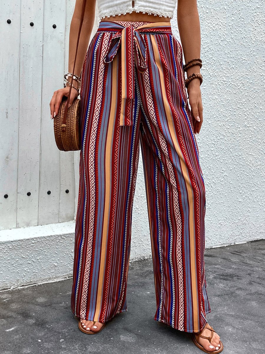 Perfee Tied Geometric Wide Leg Pants - Bottoms