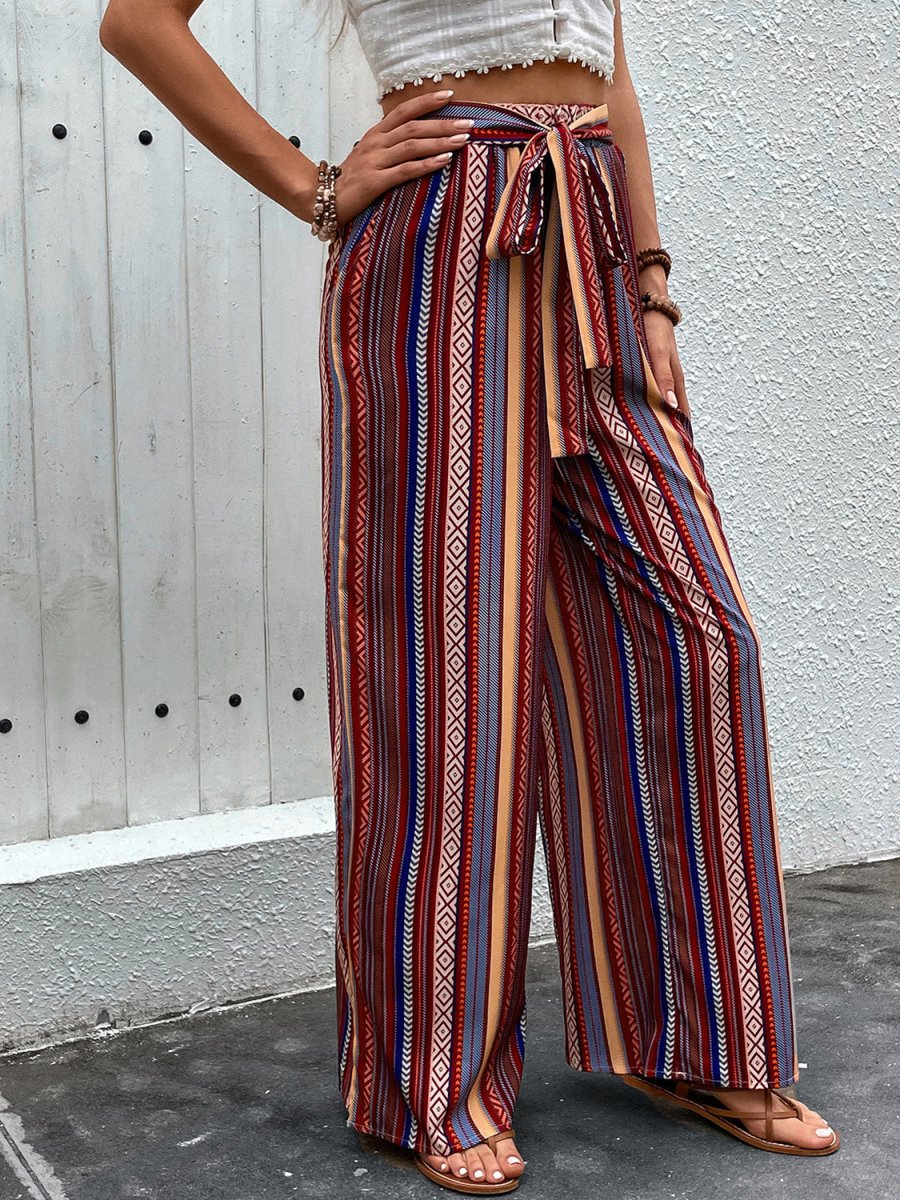 Perfee Tied Geometric Wide Leg Pants - Bottoms