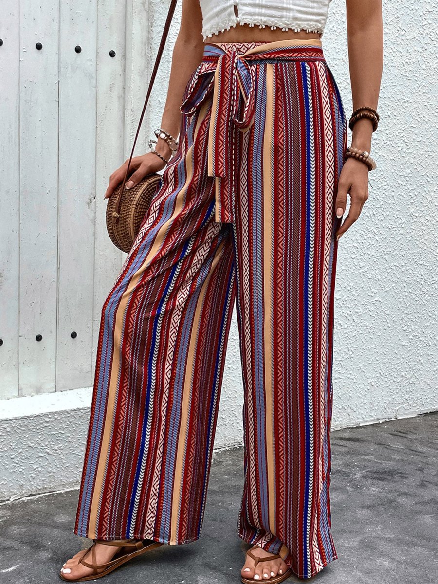 Perfee Tied Geometric Wide Leg Pants - Bottoms