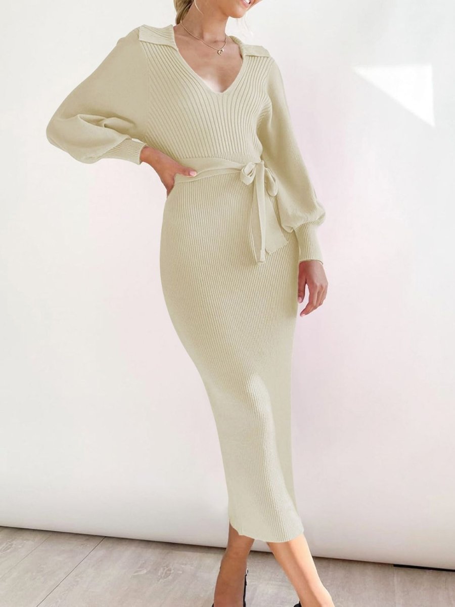 Perfee Tied Long Sleeve Wrap Sweater Dress - Sweater Dress
