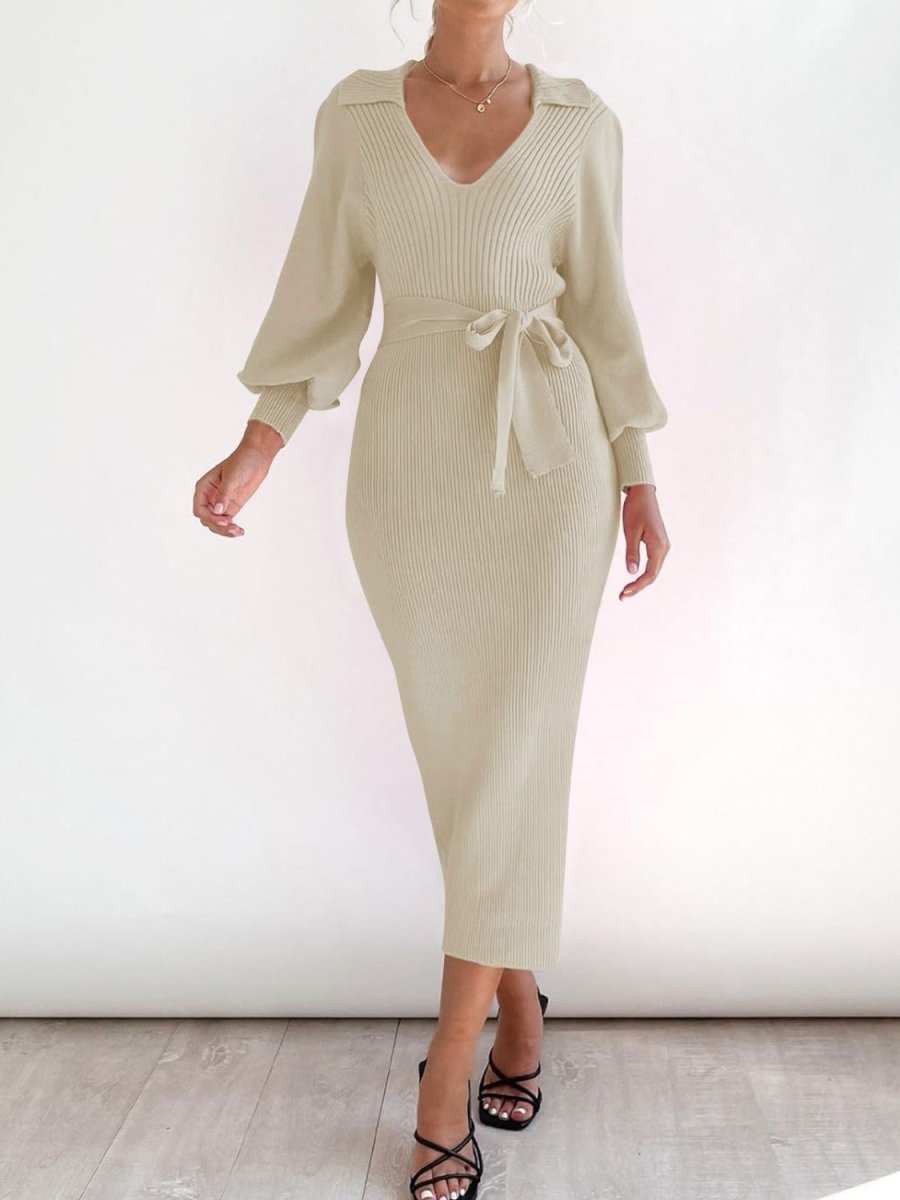Perfee Tied Long Sleeve Wrap Sweater Dress - Sweater Dress